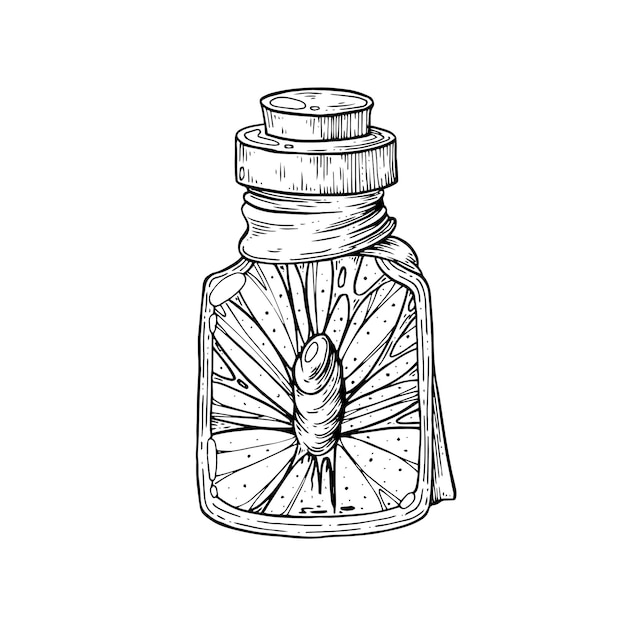 A witch's bottle with a potion a spider cocoon and a web