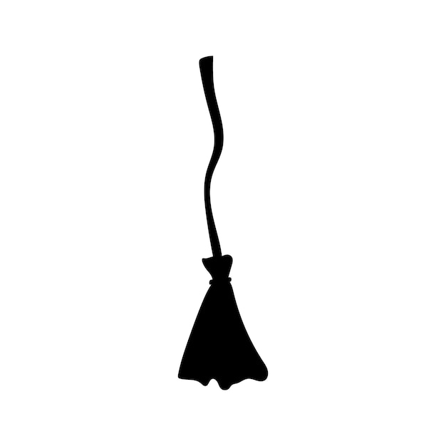 Witch's broom silhouette isolated on white background, traditional halloween decorative element