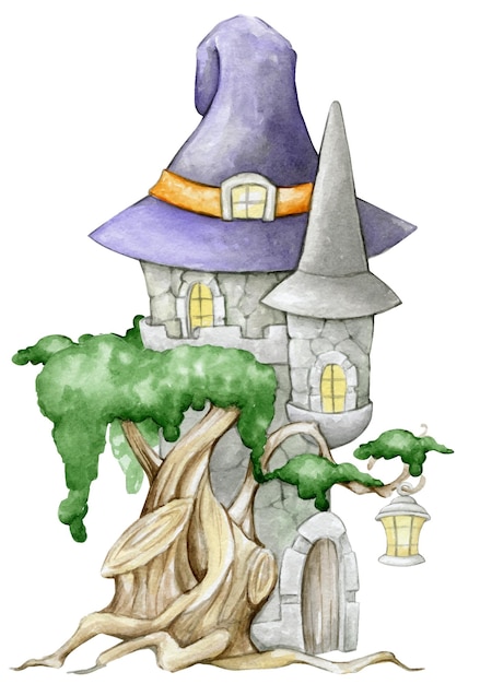 Witch's castle watercolor cartoonstyle clipart on an isolated background