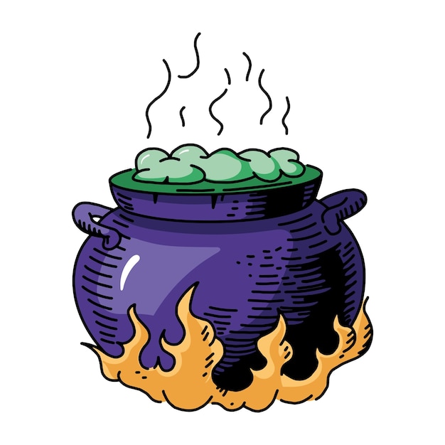 Vector witch's cauldron potion cauldron element in cartoon style halloween sketch