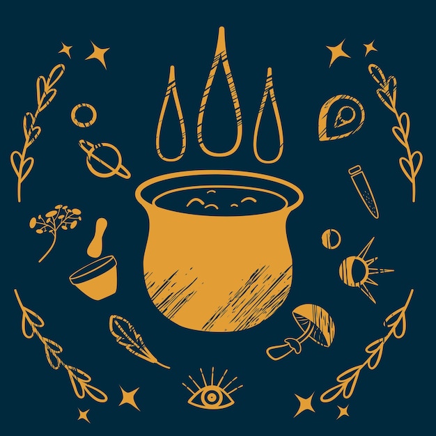 Witch's cauldron and witch's ingredients illustration of magic creating a potion