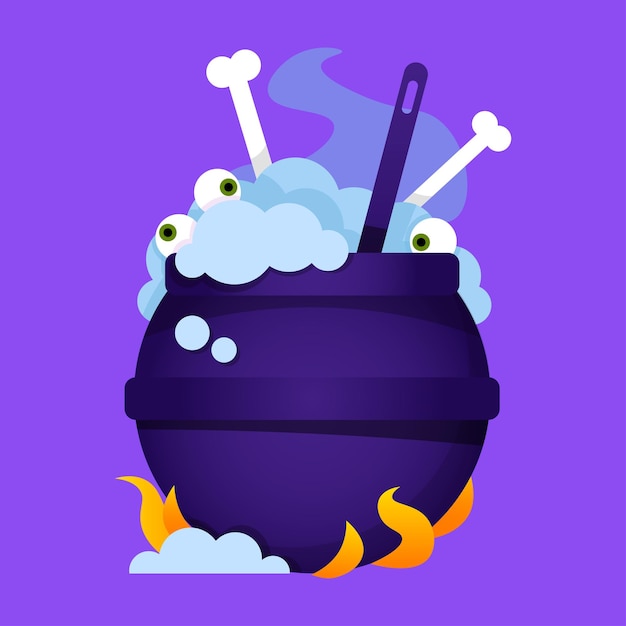Vector witch's cauldron with blue boiling potion in the middle and eyes and bones