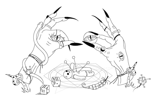 Le mani della strega e la bambola voodoo. illustrazione di vettore di doodle disegnato a mano mistico