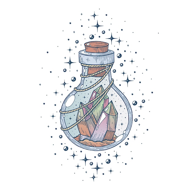 A witch's potion bottle, with magic crystals.