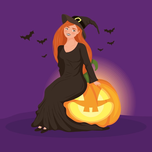 Witch seated in pumpkin scene