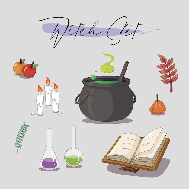 Vector witch set halloween magic pot book leaf fruit flask candles