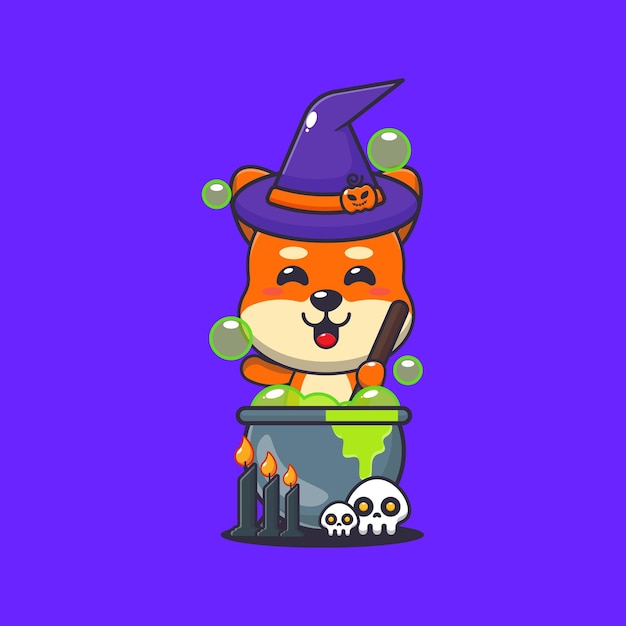 Vector witch shiba inu making potion in halloween day