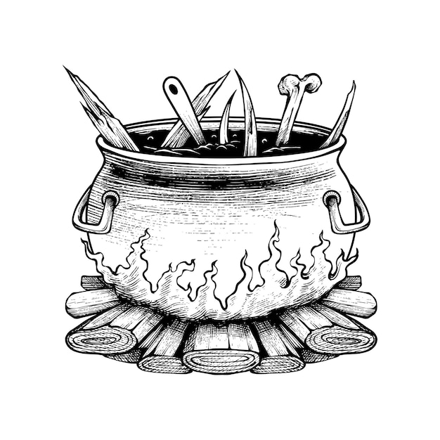 Vettore zuppa di streghe disegnata a mano incisione penna e inchiostro illustrazione vettoriale vintage