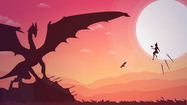 witch versus dragon illustration. floating witch with magic book in hand. fantasy wallpaper. sunset