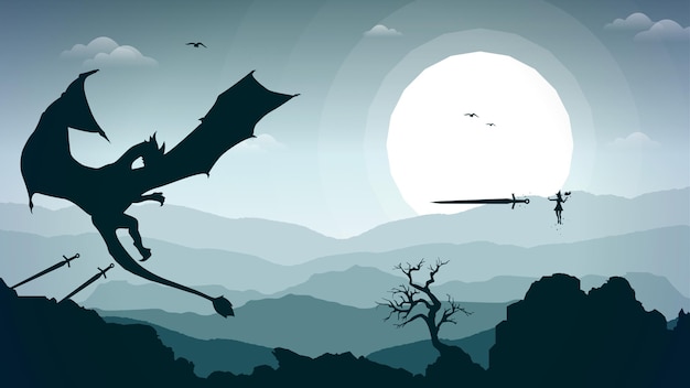 witch versus dragon illustration. mountain background. floating witch with magic book in hand.