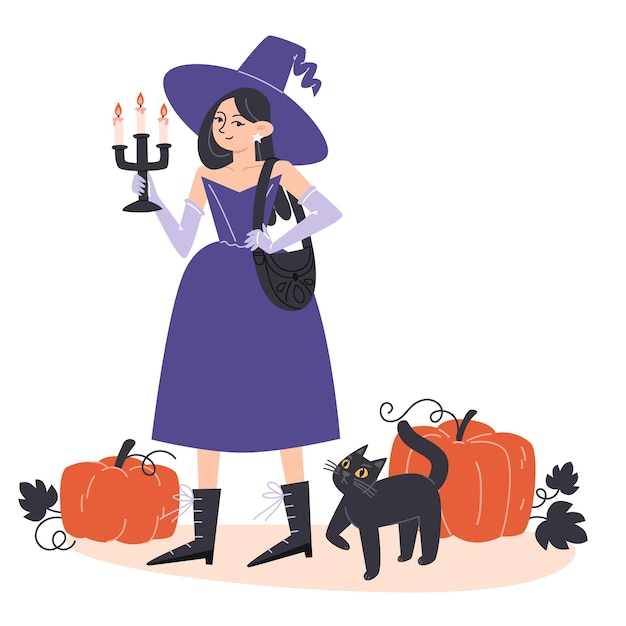 The witch walks with a black cat among pumpkins