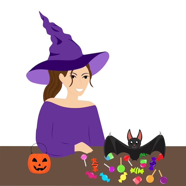 Ведьма с летучей мышью ест конфеты на хэллоуин