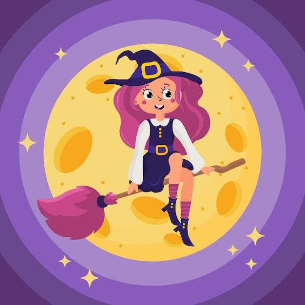 Witch with a broom against the background of the moon