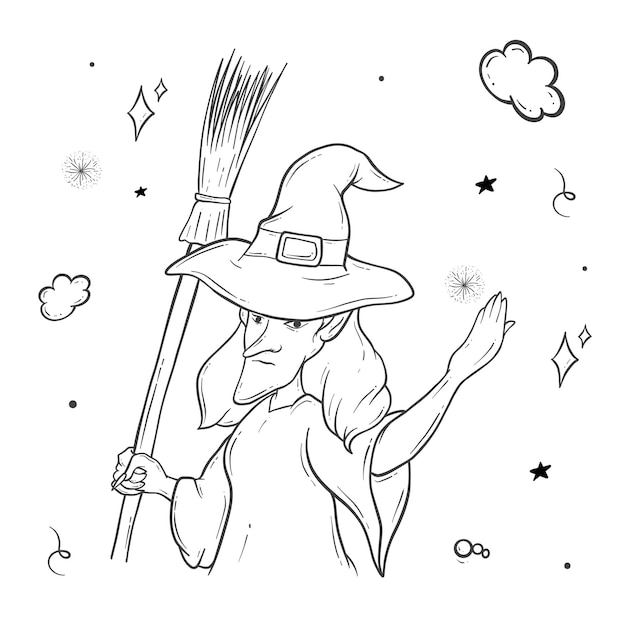 Vector witch with broom halloween outline decoration