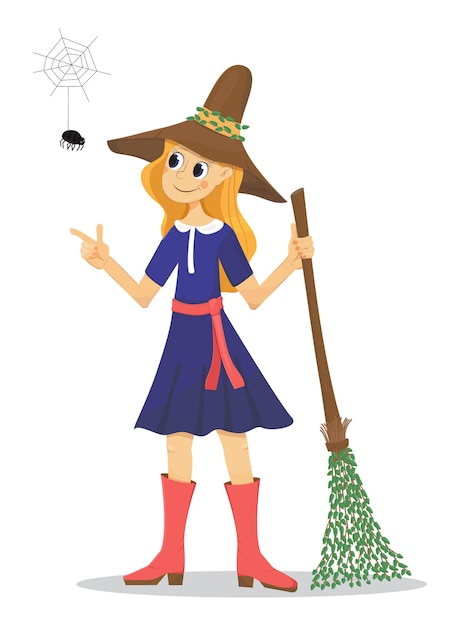 Vector witch with broomstick  cute witch look at hunny spider