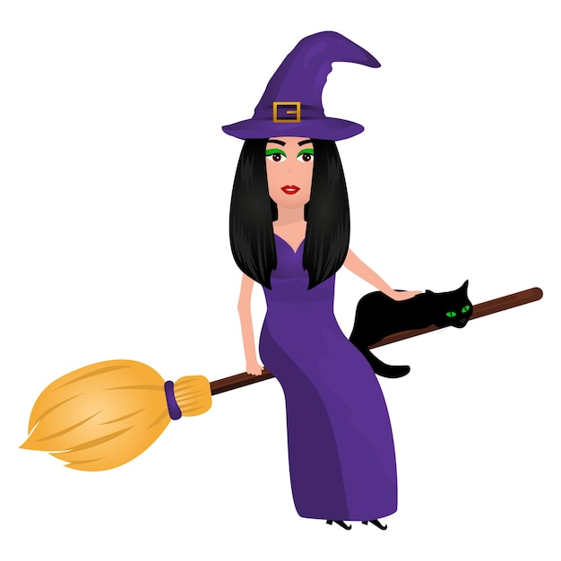 Witch with a cat on a broomstick for Halloween isolated on white background