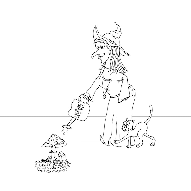 La strega con un gatto sta annaffiando un fungo illustrazione vettoriale del libro da colorare per la cura delle piante di giardinaggio