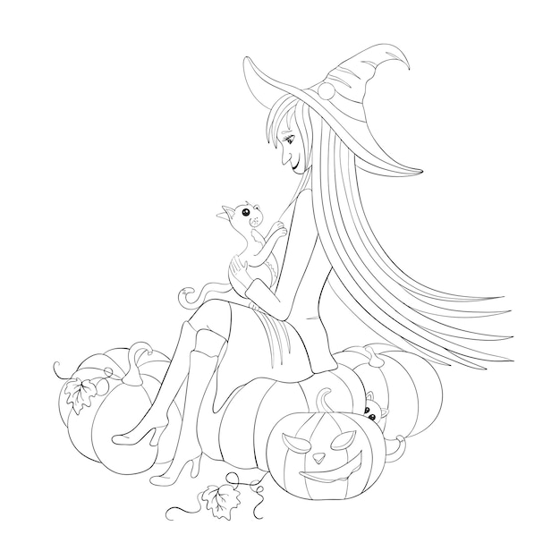 Ведьма с кошкой и тыквой Открытка на Хэллоуин Векторная линия иллюстрации изолирована на белом фоне