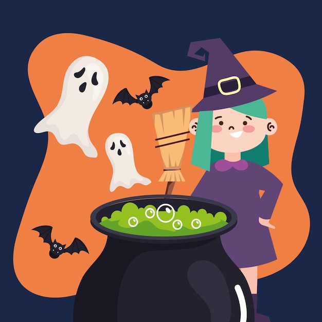 Witch with cauldron and ghosts