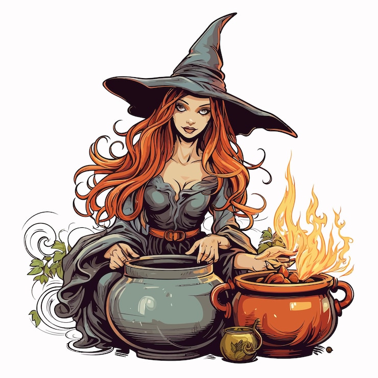 Vector witch_with_magic_pot_in_color_and_outline_vector