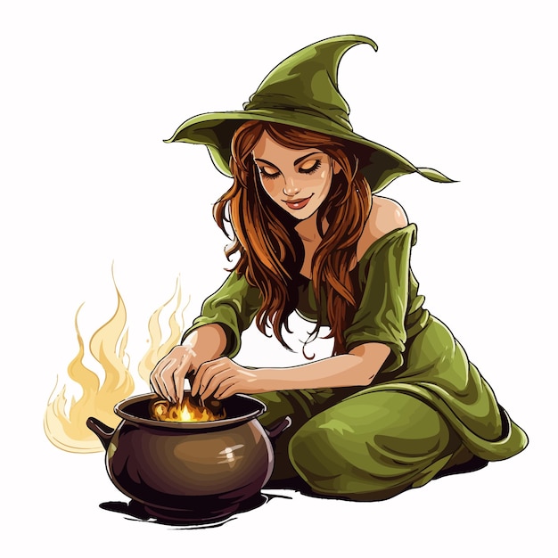 Vettore witch_with_magic_pot_in_color_and_outline_vector