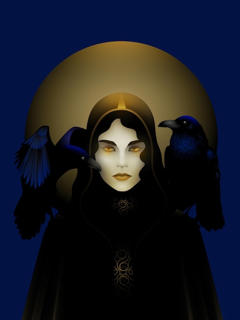 Witch with ravens on her shoulders against the background of the full moon.