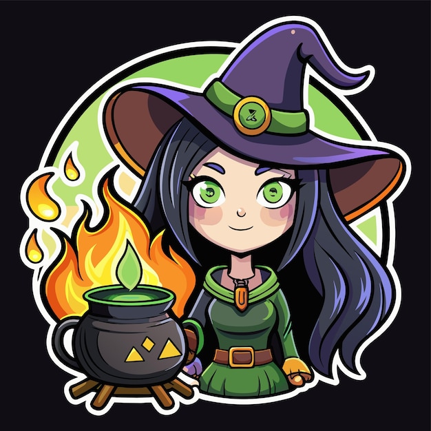 Vector witch with spell and black magic pot hand drawn mascot cartoon character sticker icon concept