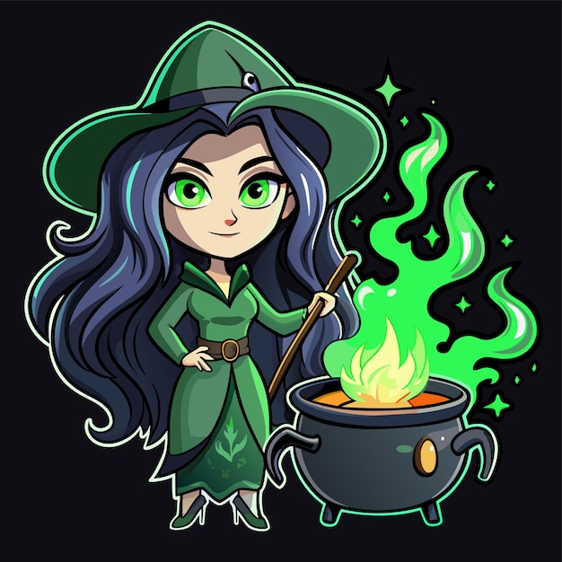 Vector witch with spell and black magic pot hand drawn mascot cartoon character sticker icon concept