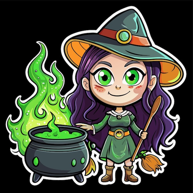 Vector witch with spell and black magic pot hand drawn mascot cartoon character sticker icon concept