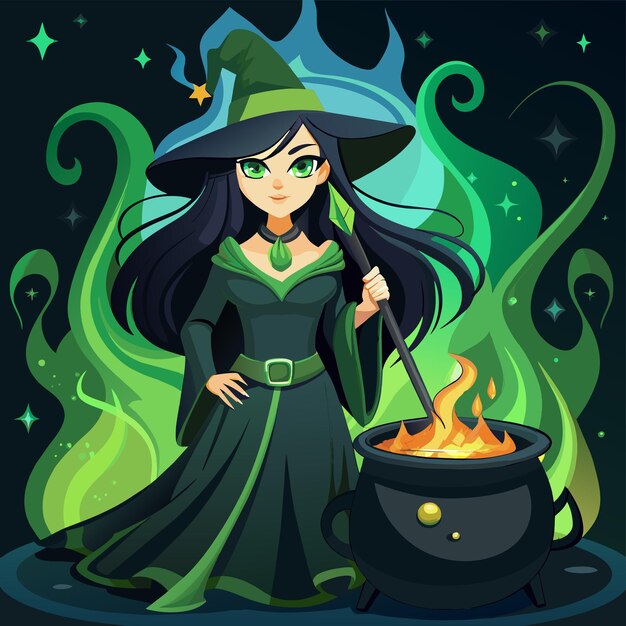 Witch with spell and black magic pot hand drawn mascot cartoon character sticker icon concept