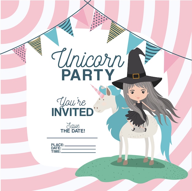 Witch with unicorn invitation card