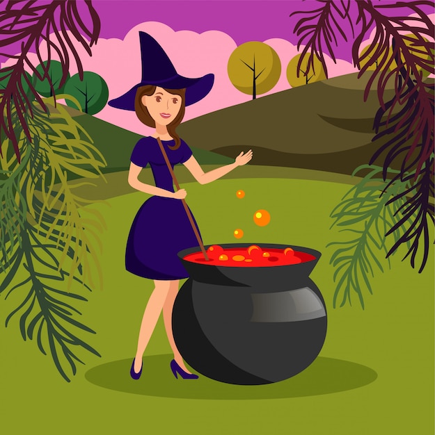 Witch in Wood Preparing Potion Vector Illustration