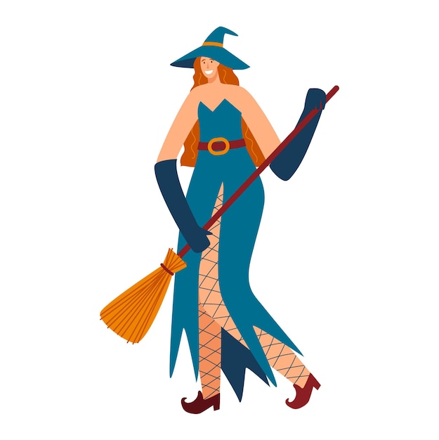 Vettore strega giovane personaggio donna tradizionale europa maga femminile tenere scopa magica isolata su bianco