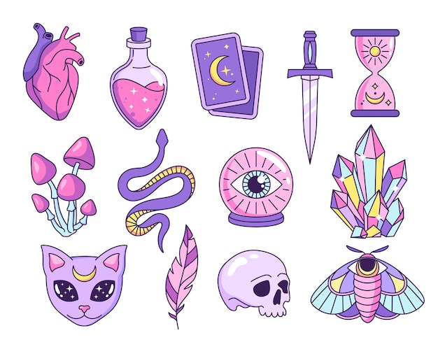 Vector witchcraft astrological esoteric magic objects elements and symbols cartoon style illustrations