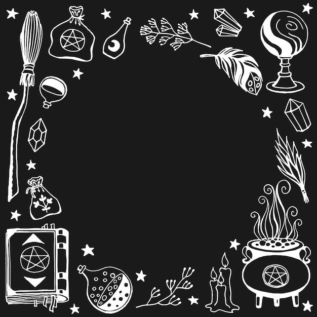 Witchcraft magic background for witches and wizards Hand drawn magic tools concept of witchcraft