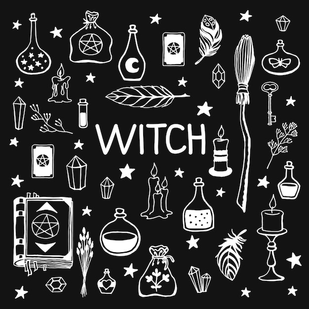 Vector witchcraft magic background for witches and wizards hand drawn magic tools concept of witchcraft