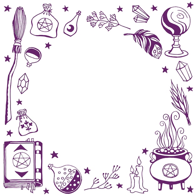 Vector witchcraft magic background for witches and wizards hand drawn magic tools concept of witchcraft