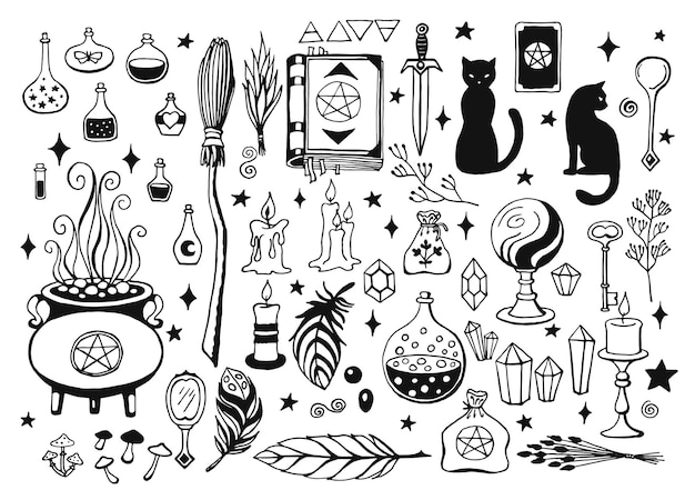 Witchcraft, magic background for witches and wizards. Hand drawn magic tools.