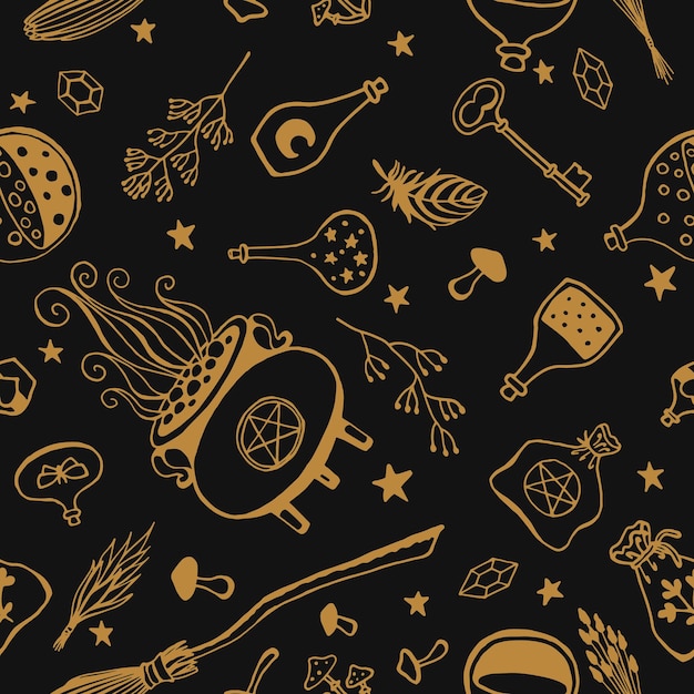 Witchcraft, magic background for witches and wizards. Vector seamless pattern in vintage style. Hand drawn magic tools, concept of witchcraft.