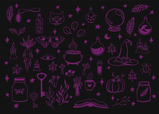 Witchcraft magic background for witches and wizards Vector vintage collection Hand drawn magic tools concept of witchcraft Drawn magic tools book candles potions cauldron cat hat balloon Mandrake