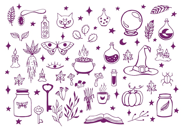 Vector witchcraft magic background for witches and wizards vector vintage collection hand drawn magic tools concept of witchcraft drawn magic tools book candles potions cauldron cat hat balloon mandrake