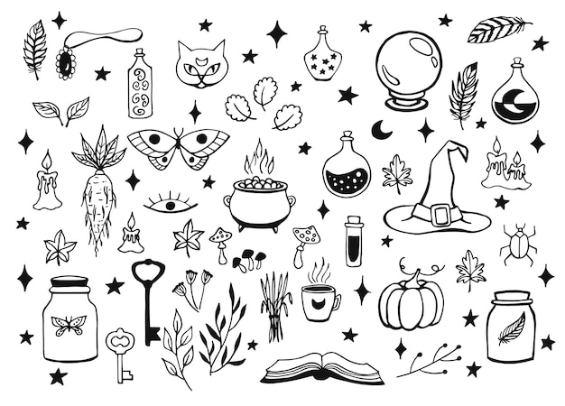 Witchcraft, magic background for witches and wizards. Vector vintage collection. Hand drawn magic tools, concept of witchcraft. Drawn magic tools: book, candles, potions, cauldron, cat, hat, balloon.