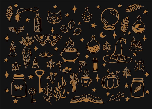 Vector witchcraft magic background for witches and wizards vector vintage collection hand drawn magic tools concept of witchcraft drawn magic tools book candles potions cauldron cat hat balloon