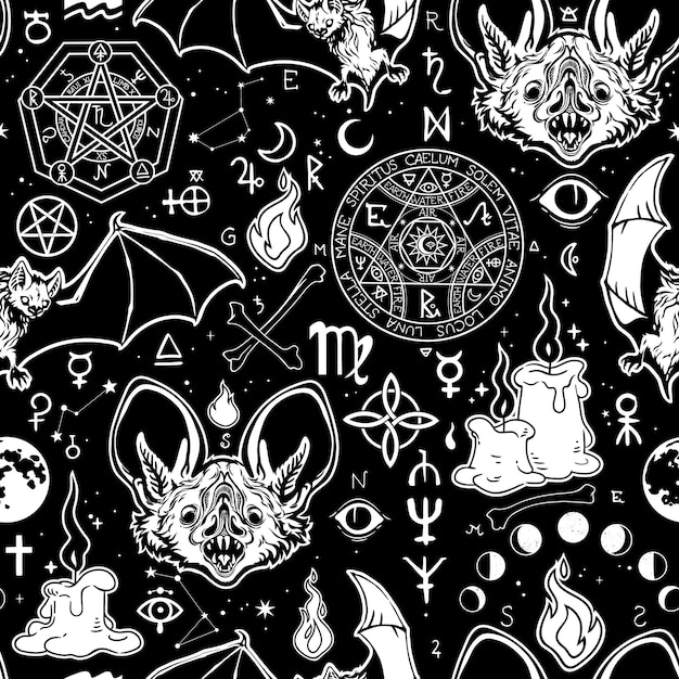 Witchcraft seamless pattern with different magic witchcraft elements and animals