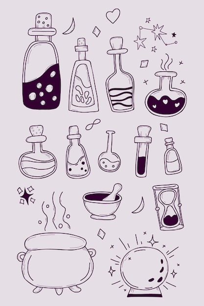 Vector witchcraft set witchs workshop bottles with potions and love spells magic ball doodle outline