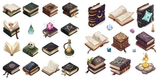 Witchcraft spell book icons with alchemy symbols old mystic sourcer diary for game gui menu items design