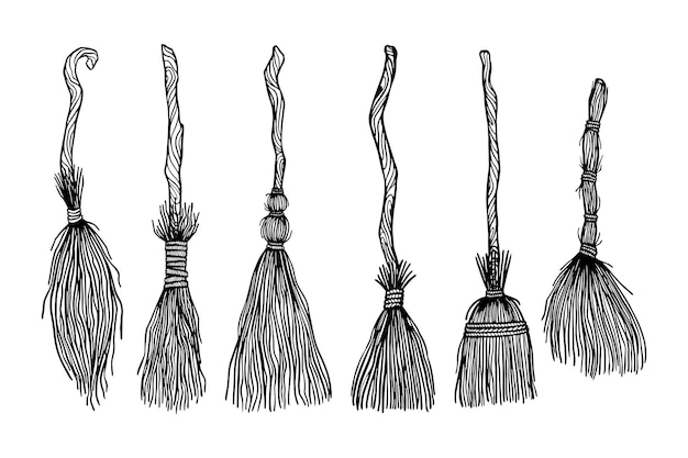 Witches brooms pack set frphic hand drawn illustration