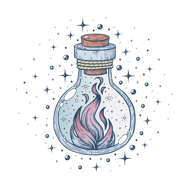 A witchs bottle with a potion with a magic fire