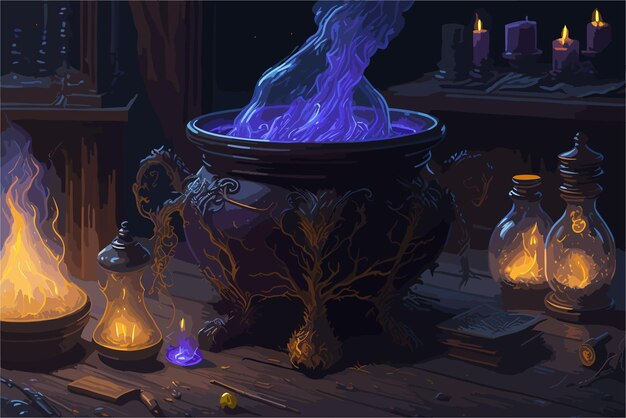 Vector witchs cauldron bubbling with a magical potion surrounded by flickering candles and spell books the