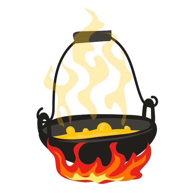 Vector witchs cauldron in a modern handpainted style an ancient cauldron with a potion hangs over the fire